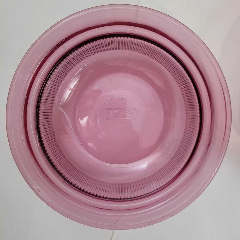 Lot of 2 Corning Vision Casserole Dish V-30-B Cranberry Glass 24oz Ribbed Round